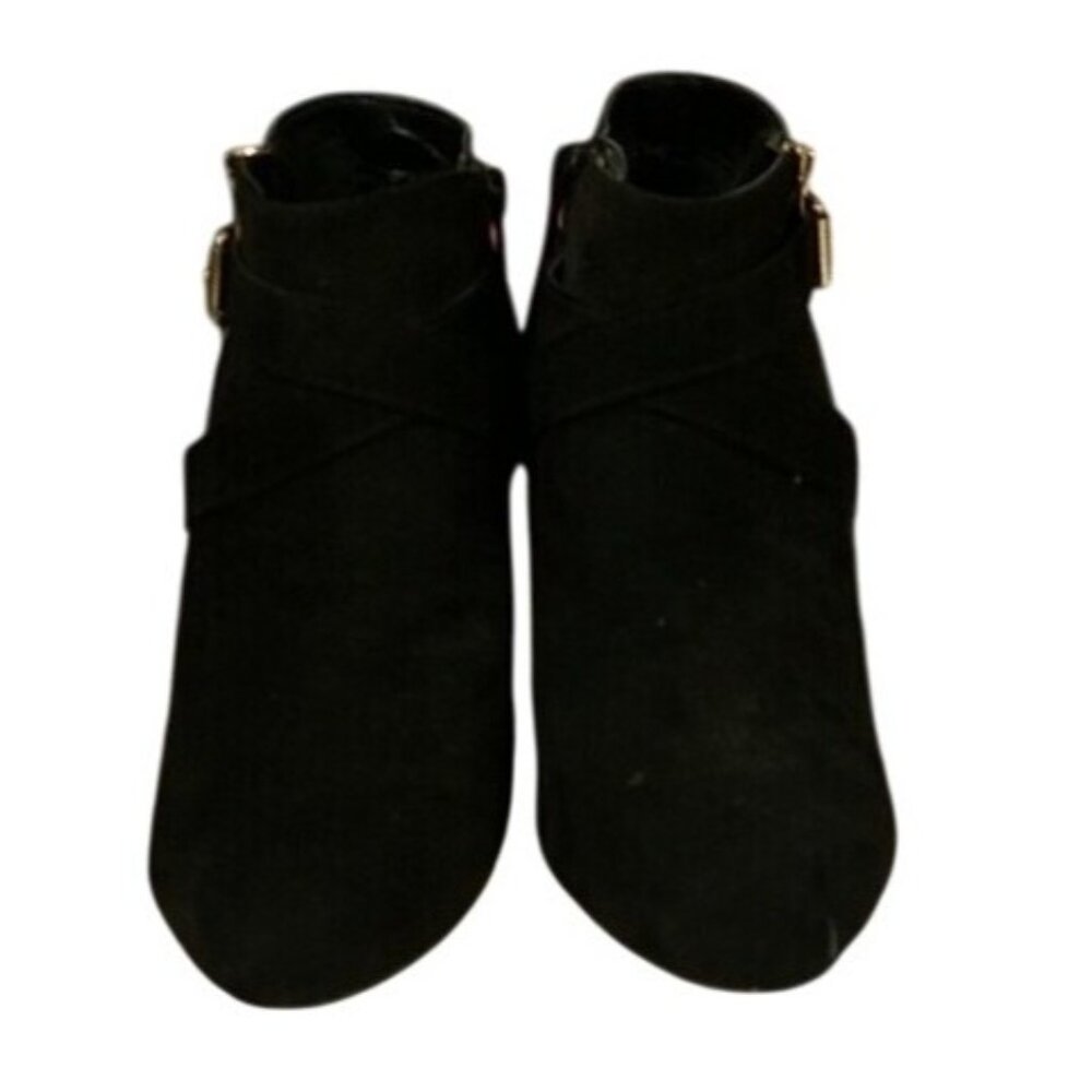 Massimo Black Faux Suede Ankle Booties Wedge Heel Gold Buckle Side Zip